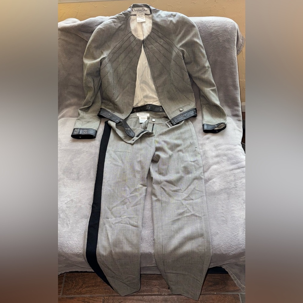 CHRISTIAN DIOR Gray Plaid Suit with Black LEATHER Accents